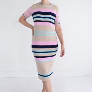 All Row Beige with Navy  & Pink Stripe Bodycon Midi Short Sleeve Dress Medium